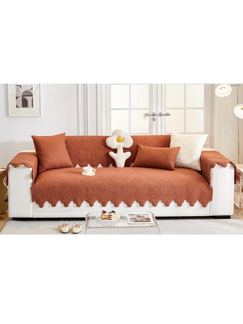 2 NWOT Luxury Vintage Cotton Embroidery Boho Orange Sofa Protector Cover Floral